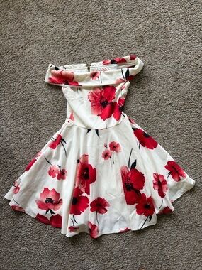 B Darlin White Off-Shoulder Dress with Red Floral Print